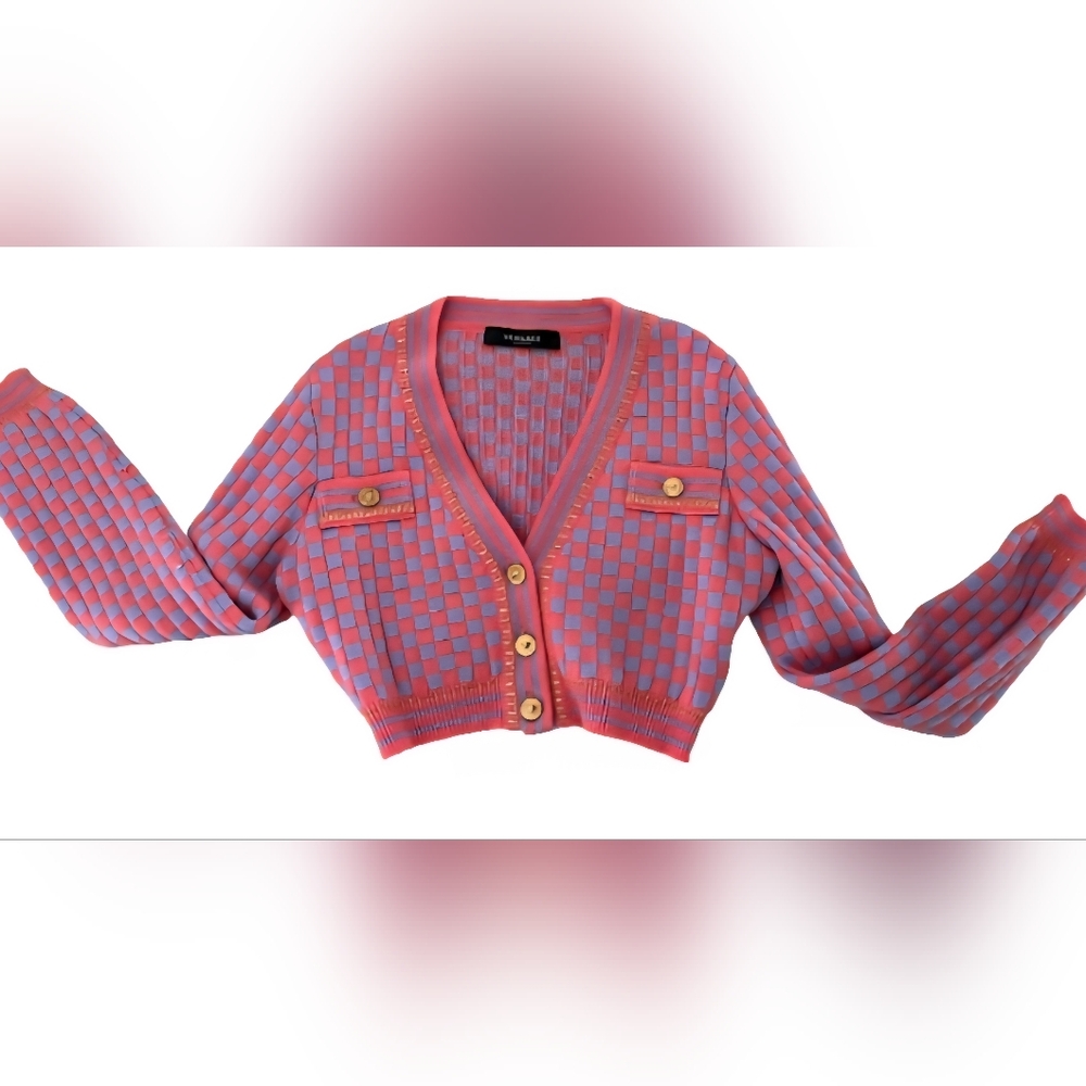 Versace cropped pink and purple sweater cardigan gold buttons s-m 4-6 Stretchy